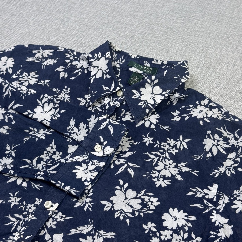 Lauren Ralph Lauren Floral Button-Up Shirt Womens L Blue 100% Cotton Lightweight